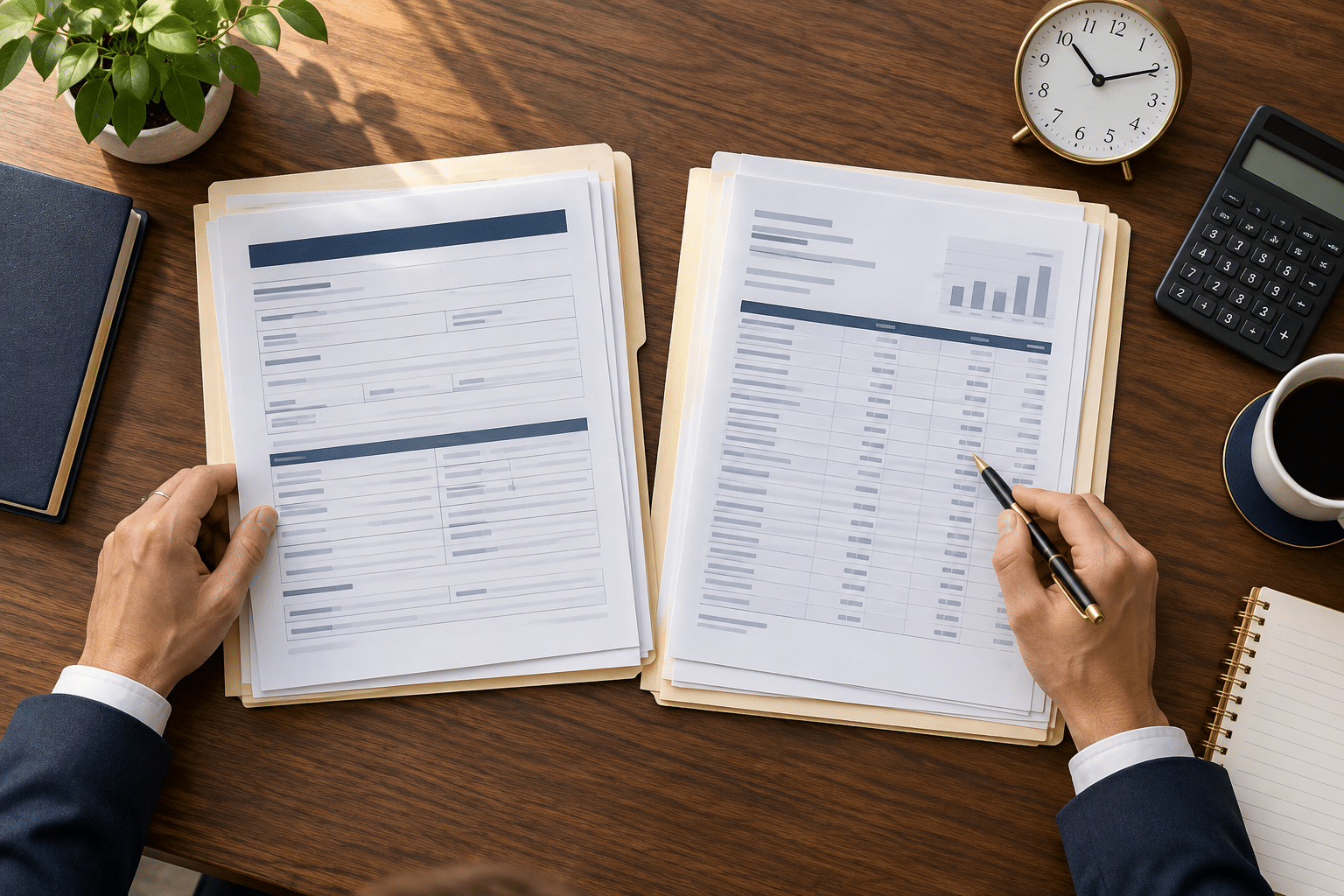 Hands comparing a loan application with supporting financial records beside a clock and calculator.