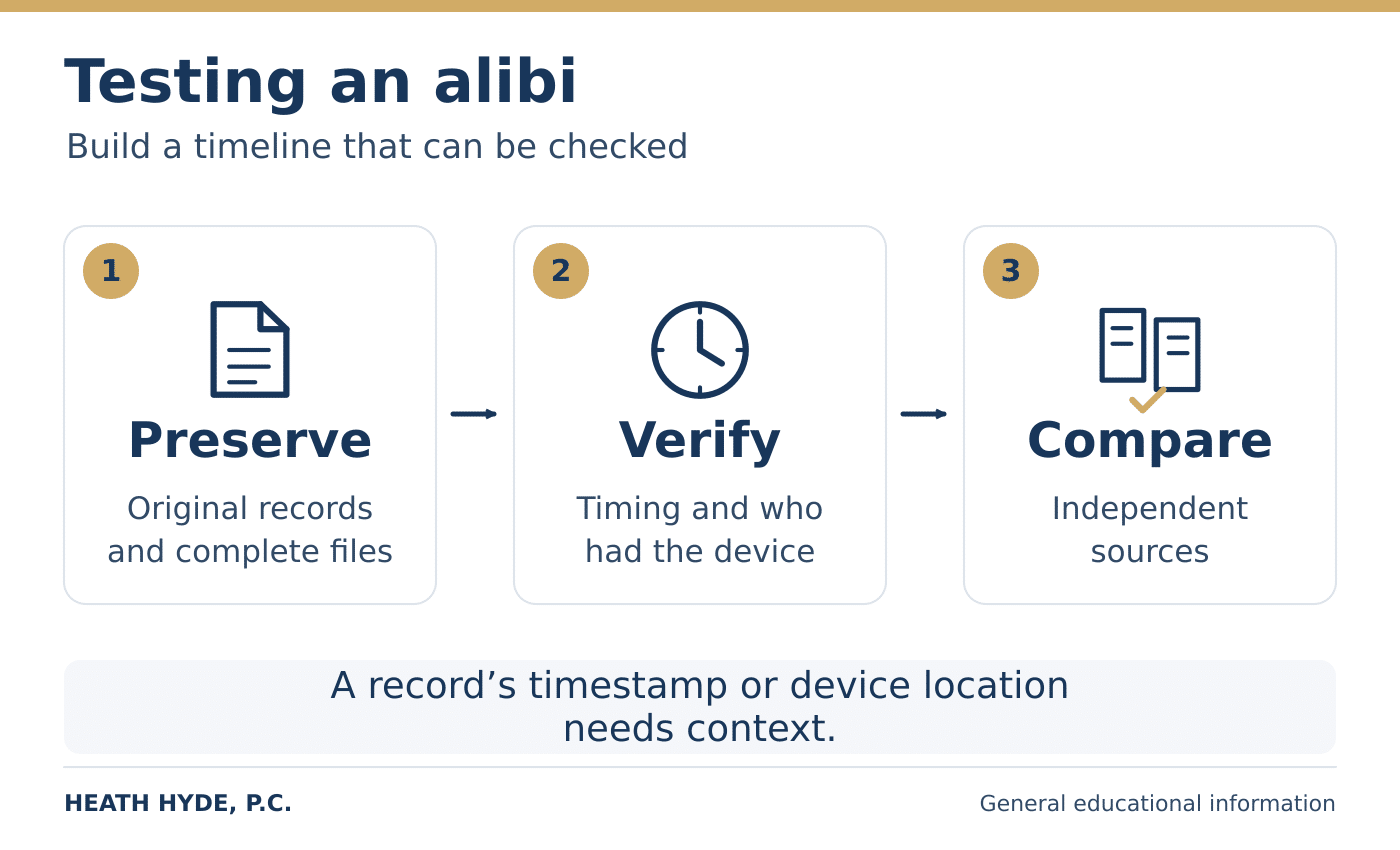Three steps for testing an alibi: preserve original records; verify timing and who had the device; compare independent sources. A record’s timestamp or device location needs context. Three steps for testing an alibi: preserve original records; verify timing and who had the device; compare independent sources. A record’s timestamp or device location needs context.