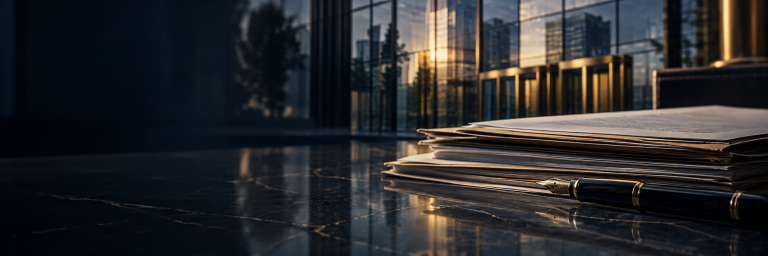 Loan documents and a fountain pen beside a financial district. Loan documents and a fountain pen beside a financial district.
