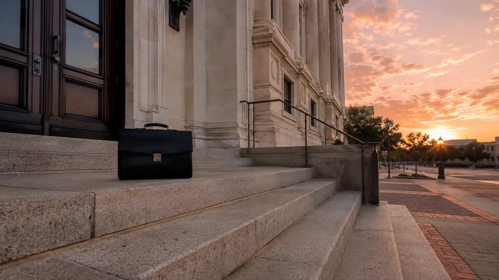 The front steps of a Texas county courthouse at dawn, a single dark leather briefcase resting on the top step, tall door