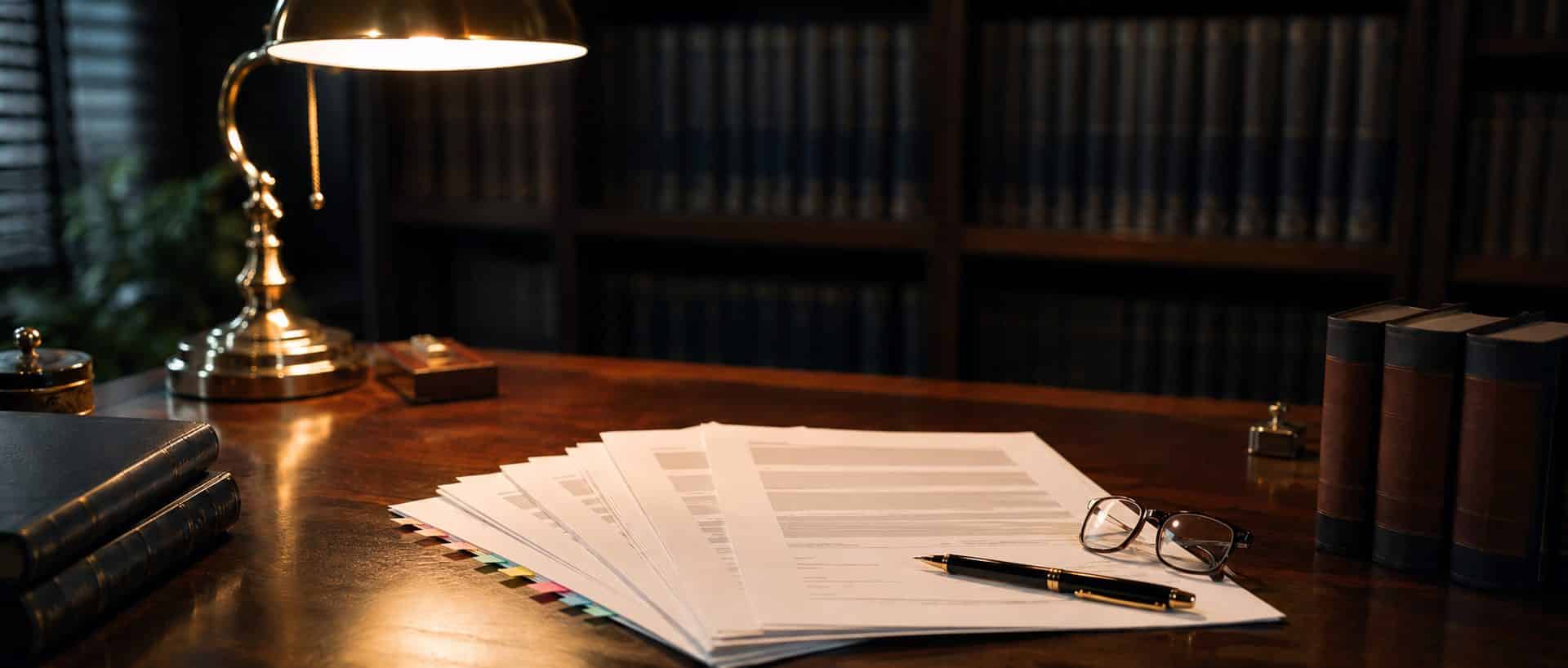 A criminal defense fee agreement with tabbed clauses and a pen on the signature page. A criminal defense fee agreement with tabbed clauses and a pen on the signature page.