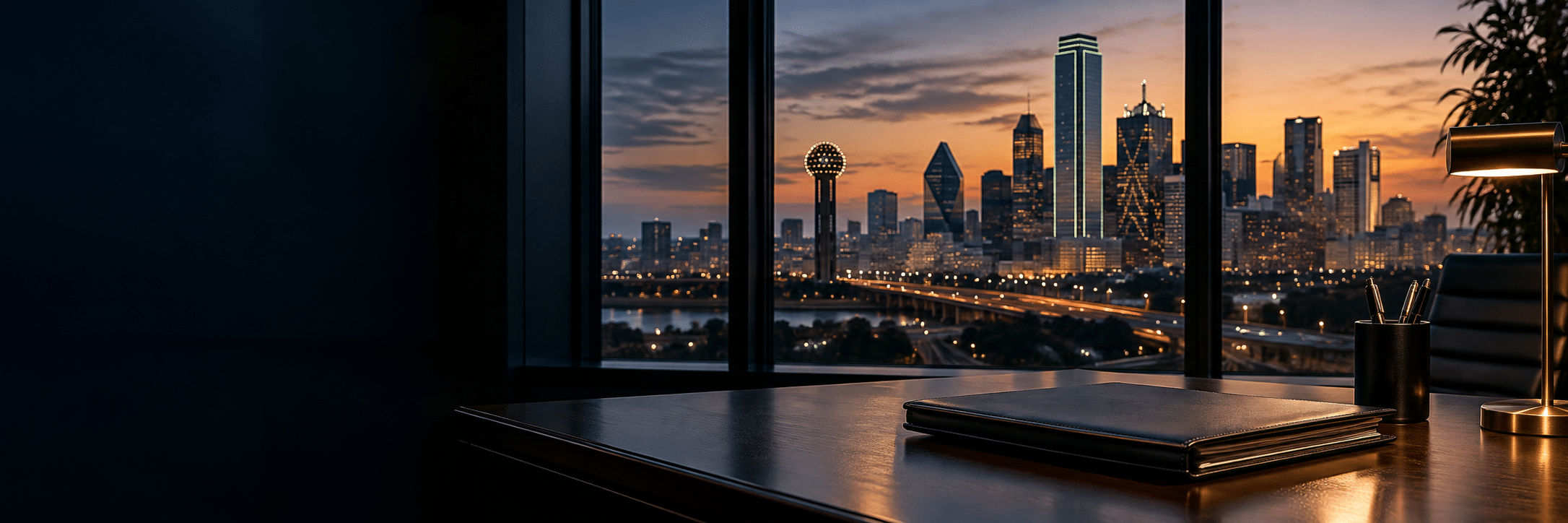 Illustrative Dallas skyline viewed from an office at dusk.