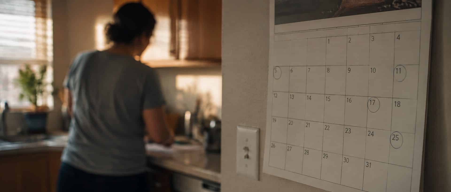 A wall calendar with court dates circled in pen while a family member works at the kitchen counter behind it.