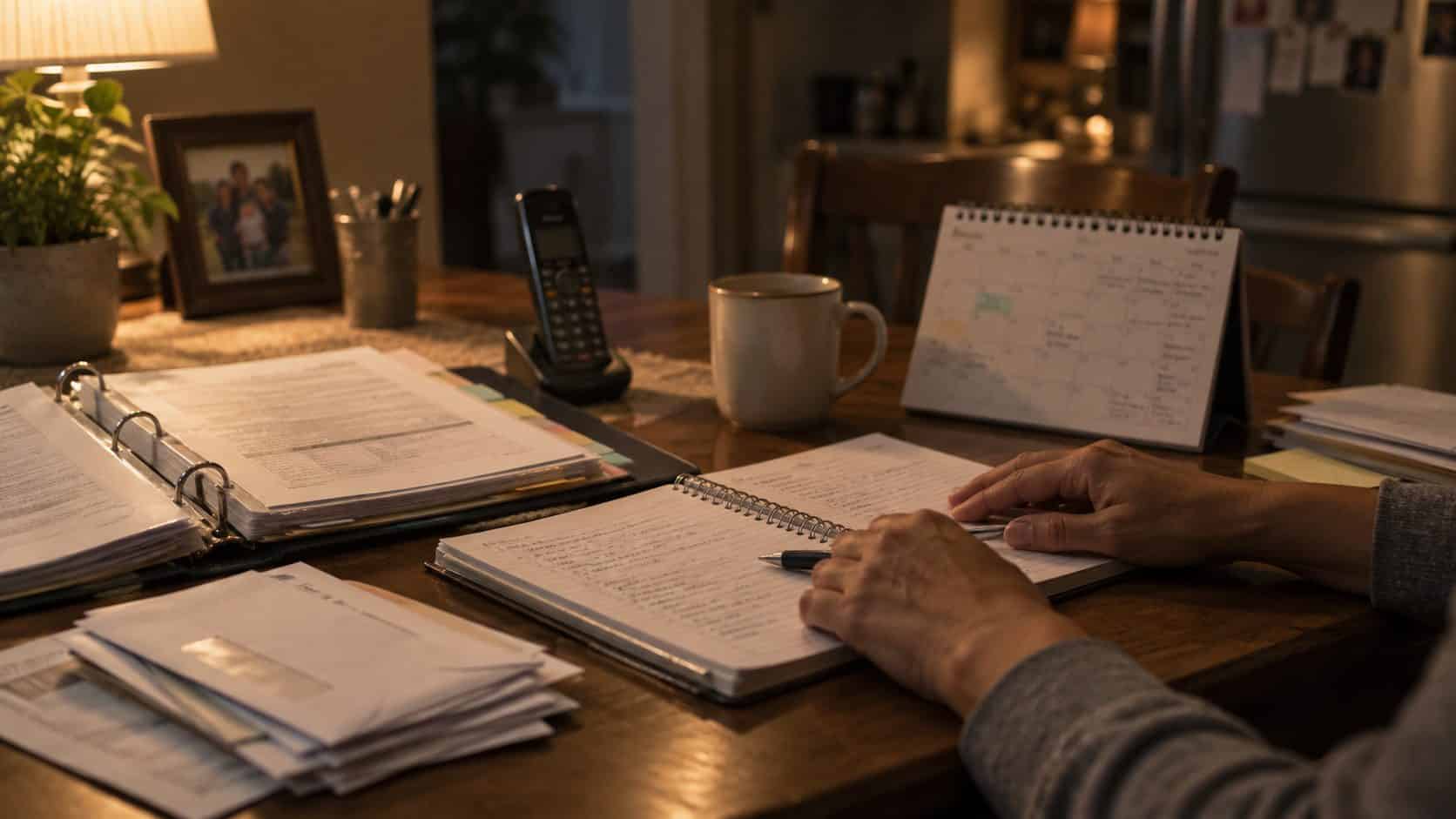 A kitchen table at night with a ring binder, a handwritten call log, a calendar, and a stack of mail, used by a family to track a loved one's case. A kitchen table at night with a ring binder, a handwritten call log, a calendar, and a stack of mail, used by a family to track a loved one's case.