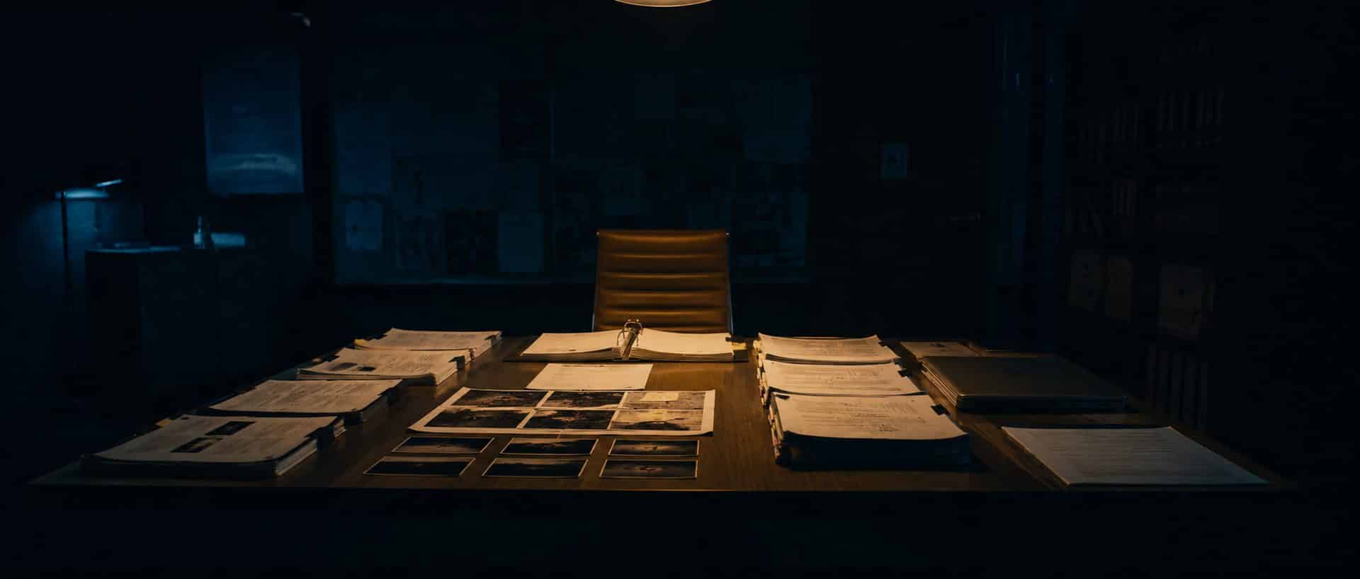 Evidence, phone records and transcripts spread across a table during late-night felony trial preparation. Evidence, phone records and transcripts spread across a table during late-night felony trial preparation.