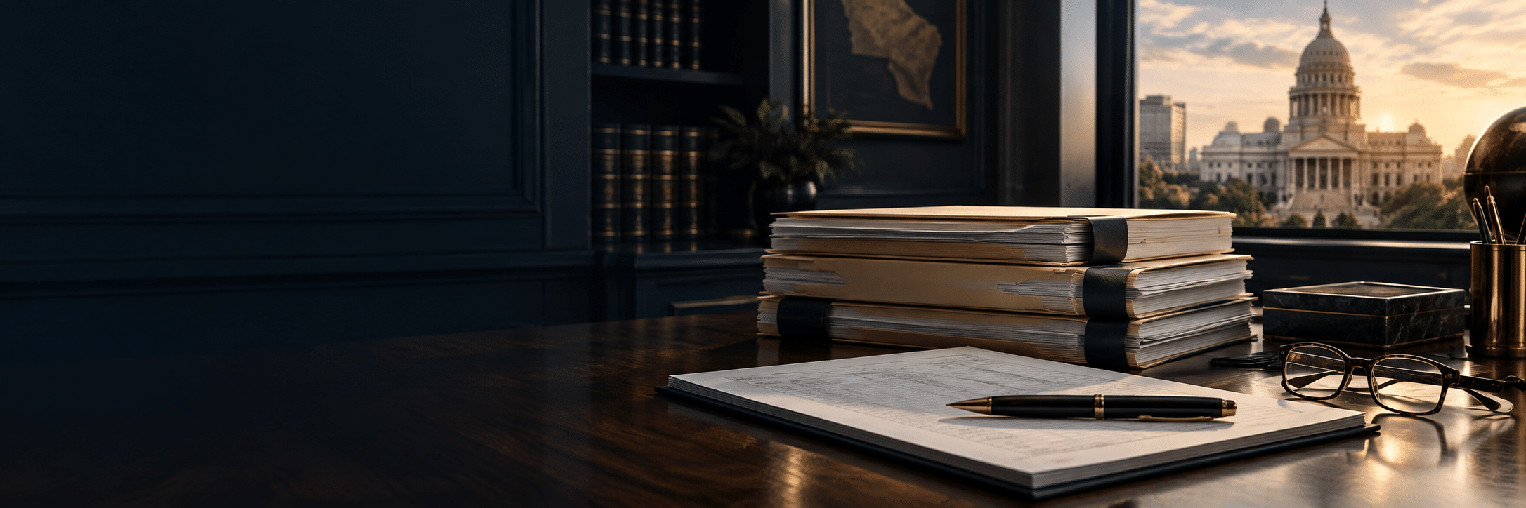 Illustrative financial case files in a law office.