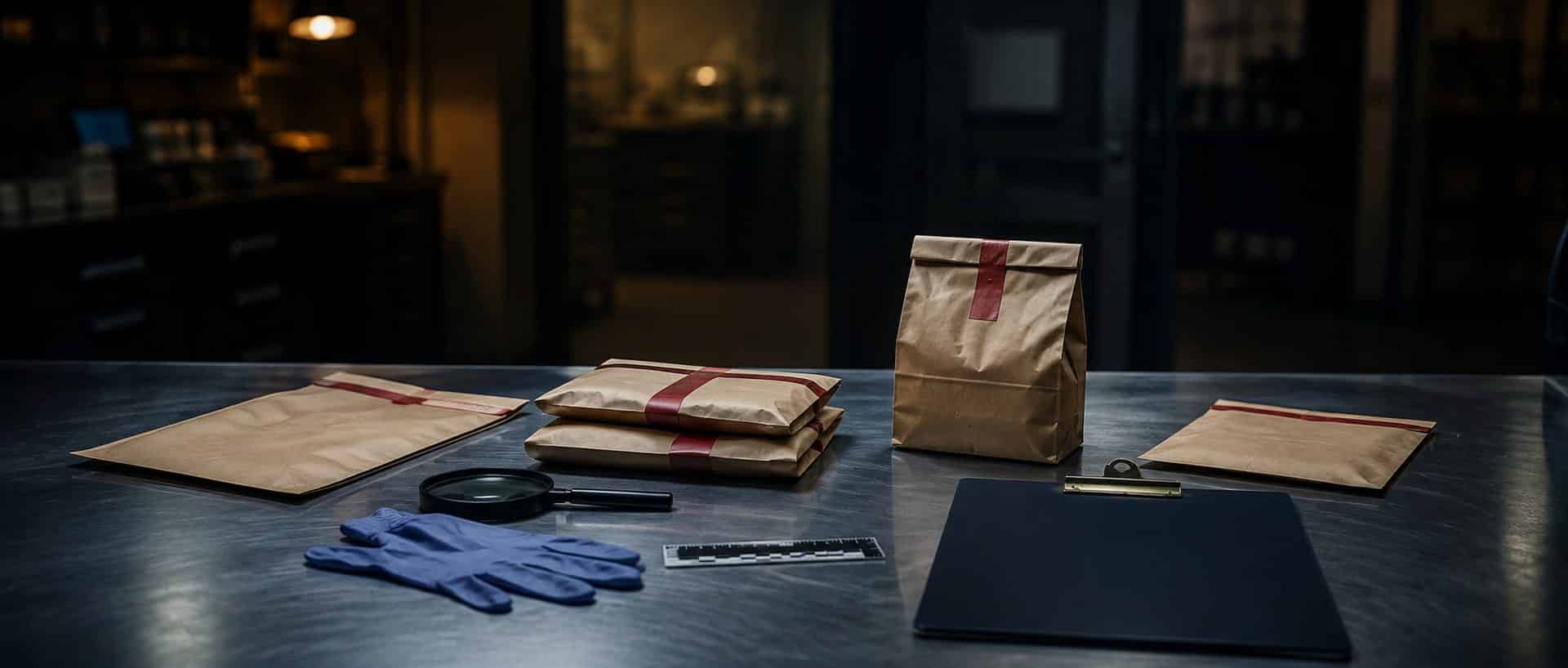 Sealed evidence bags, gloves and a loupe on a forensic examination bench. Sealed evidence bags, gloves and a loupe on a forensic examination bench.