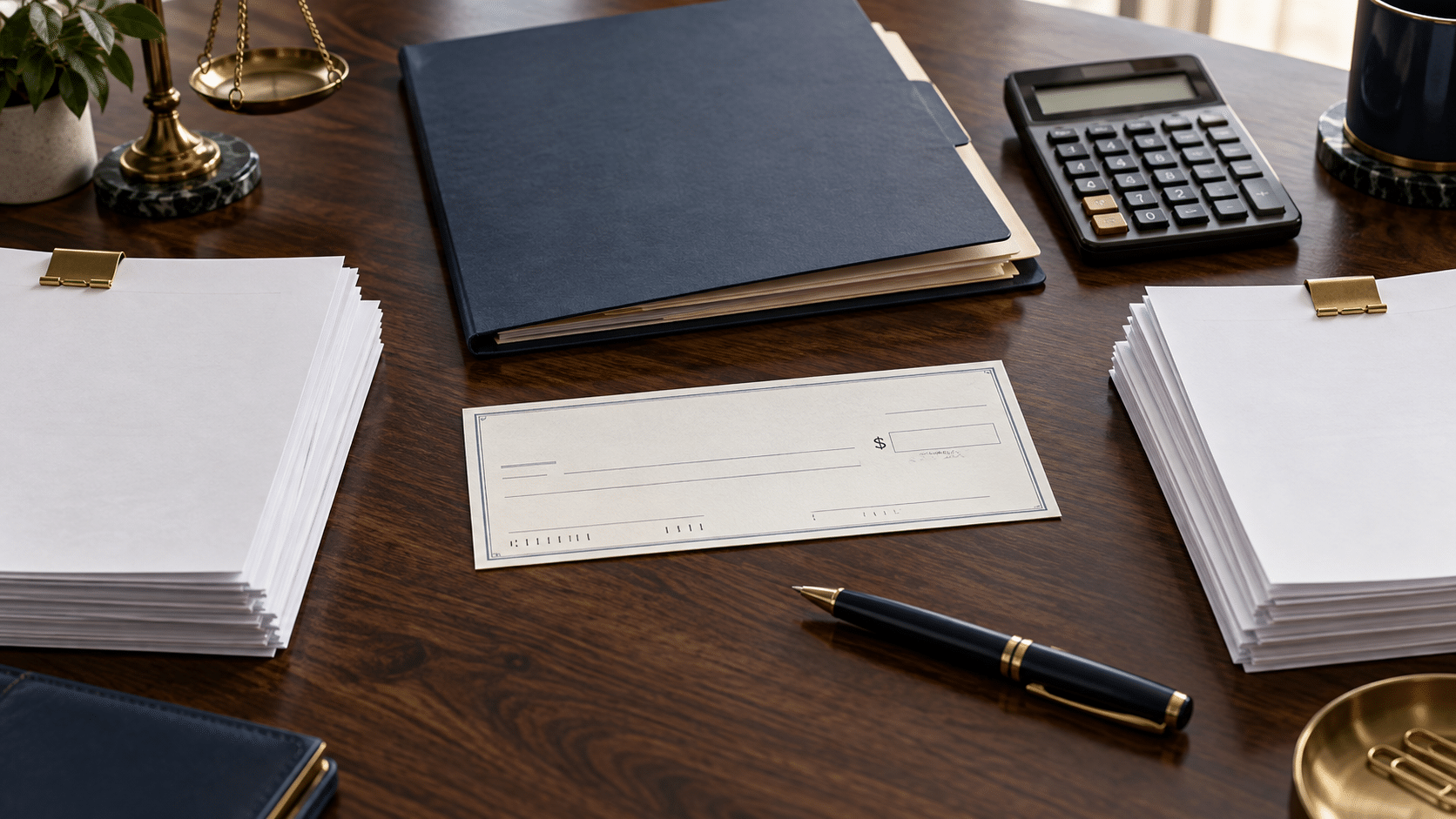 Blank check, loan folder and document stacks on a desk. Blank check, loan folder and document stacks on a desk.