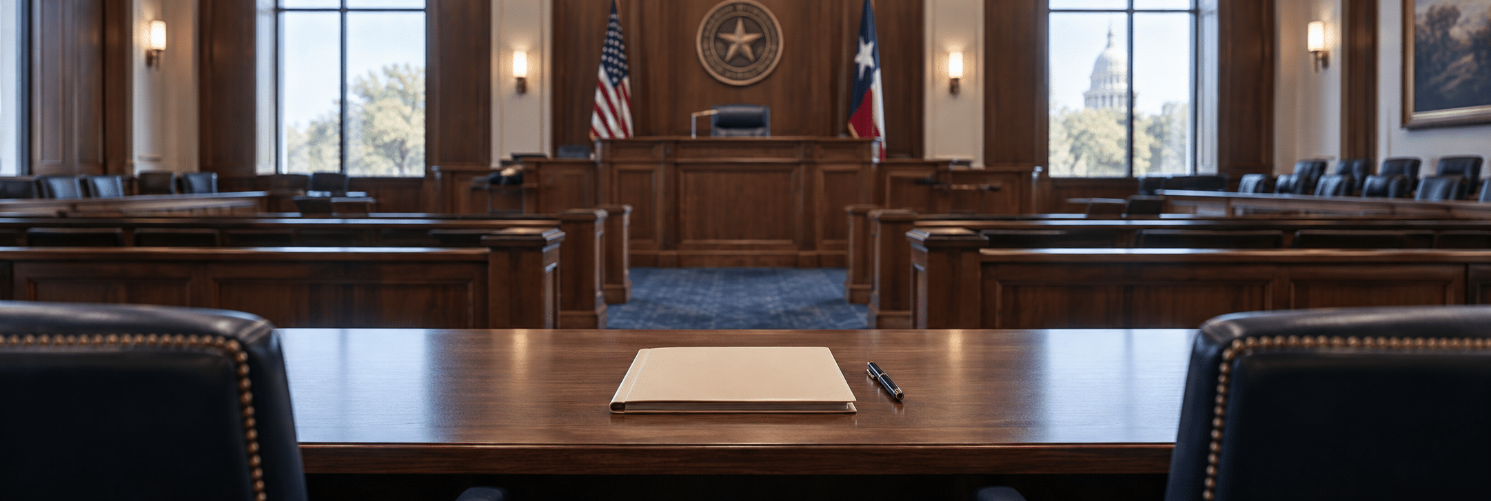 An open case file on a counsel table facing an empty courtroom.