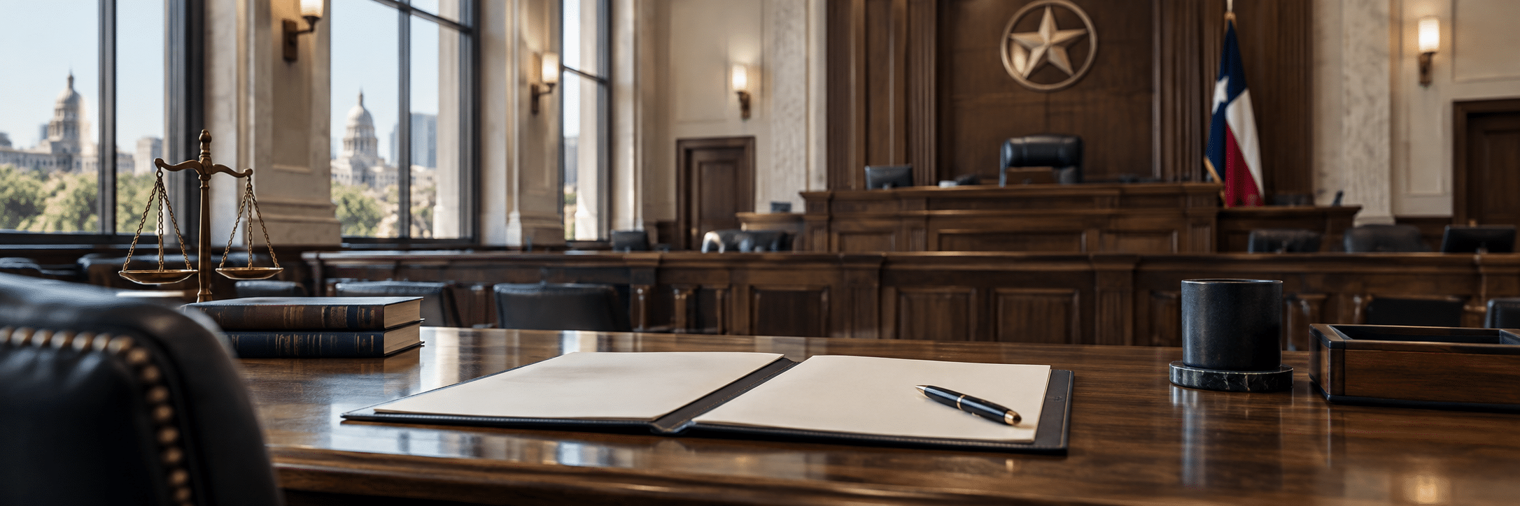 An empty Texas courtroom viewed from a counsel table with an open case file. An empty Texas courtroom viewed from a counsel table with an open case file.