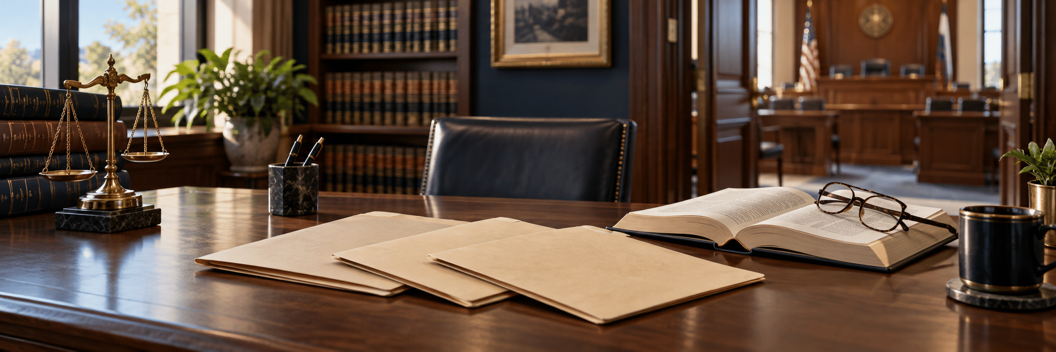 Three case folders and an open law book on a consultation desk near an empty courtroom. Three case folders and an open law book on a consultation desk near an empty courtroom.