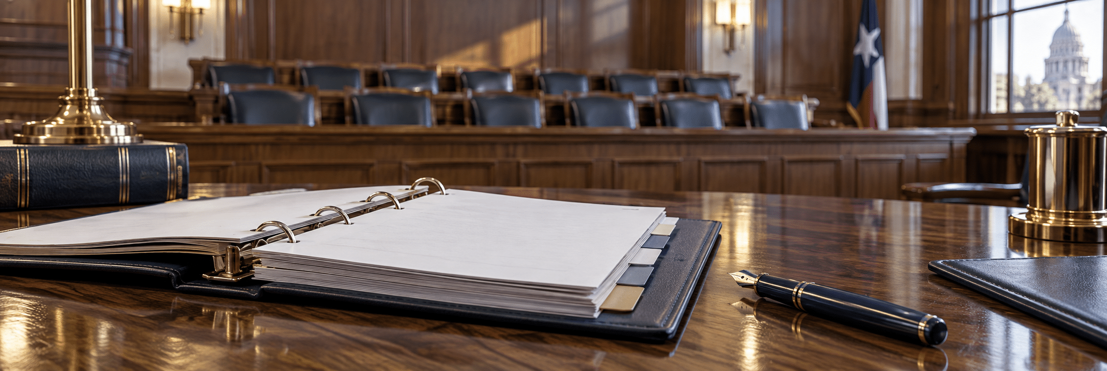 An open tabbed case binder and pen on a courtroom counsel table facing an empty jury box.
