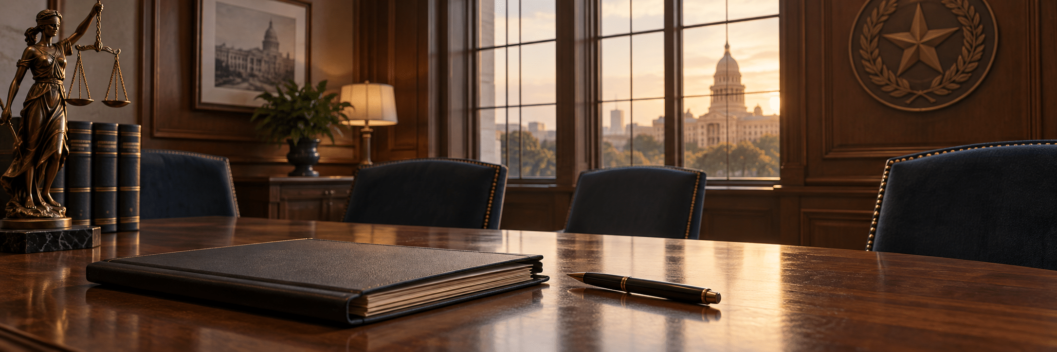 A closed case folder and pen on a quiet courthouse consultation table in afternoon light.