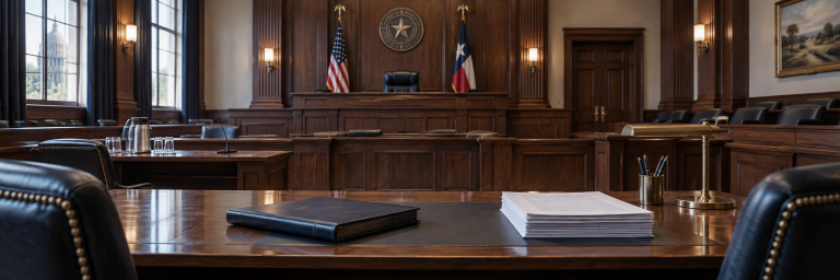A closed legal brief and papers on a counsel table facing an empty Texas courtroom. A closed legal brief and papers on a counsel table facing an empty Texas courtroom.