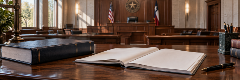 An open court file and pen on an attorney desk with an empty courtroom in the background.