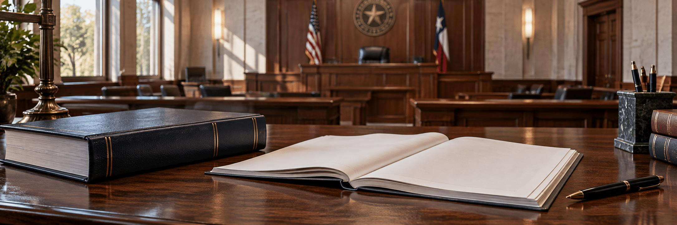 An open court file and pen on an attorney desk with an empty courtroom in the background.