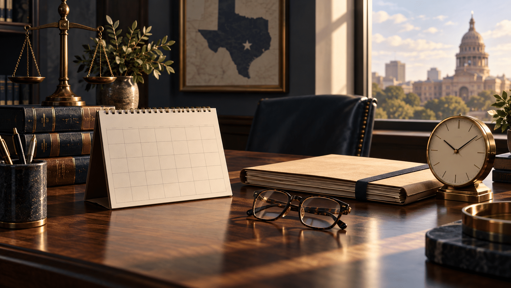 Calendar, case file and clock on a law-office desk. Calendar, case file and clock on a law-office desk.