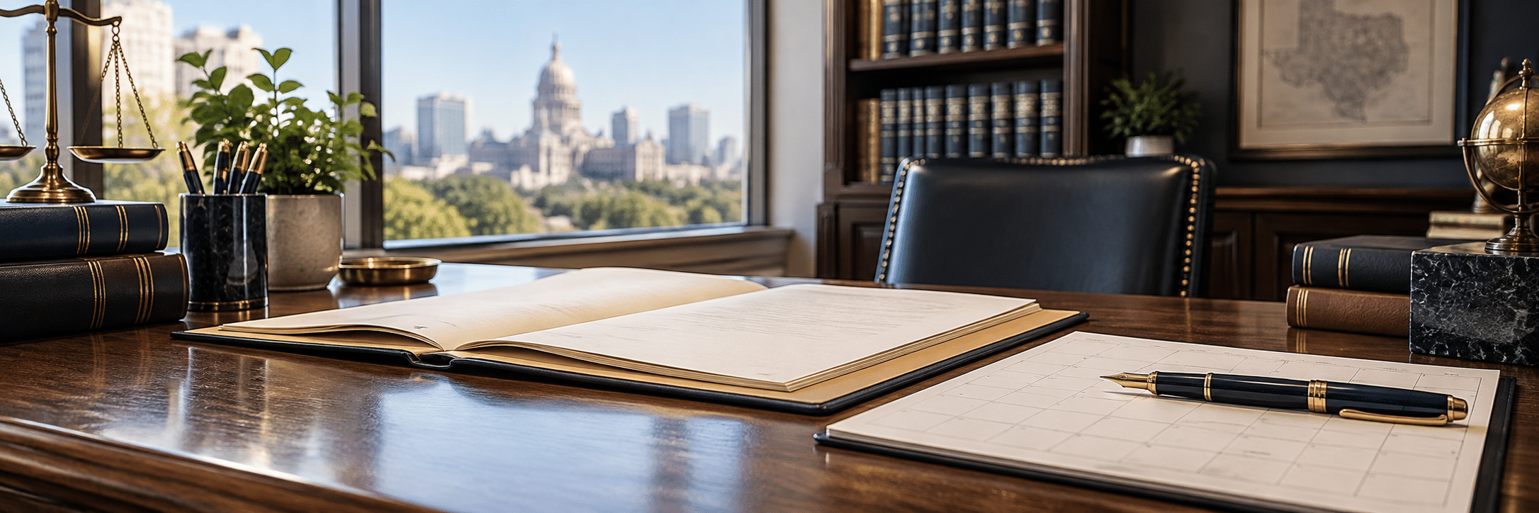 Open case folder, calendar and pen on a Texas law-office desk.