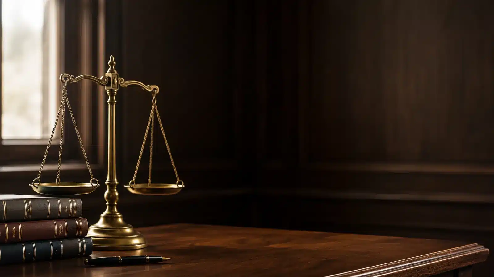 Brass scales of justice on a walnut desk beside law books