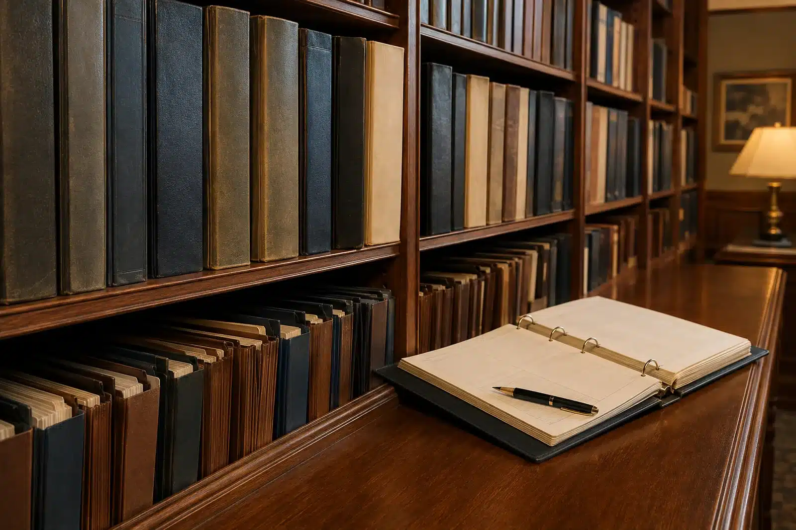 Long shelf of trial binders spanning decades in a law office archive