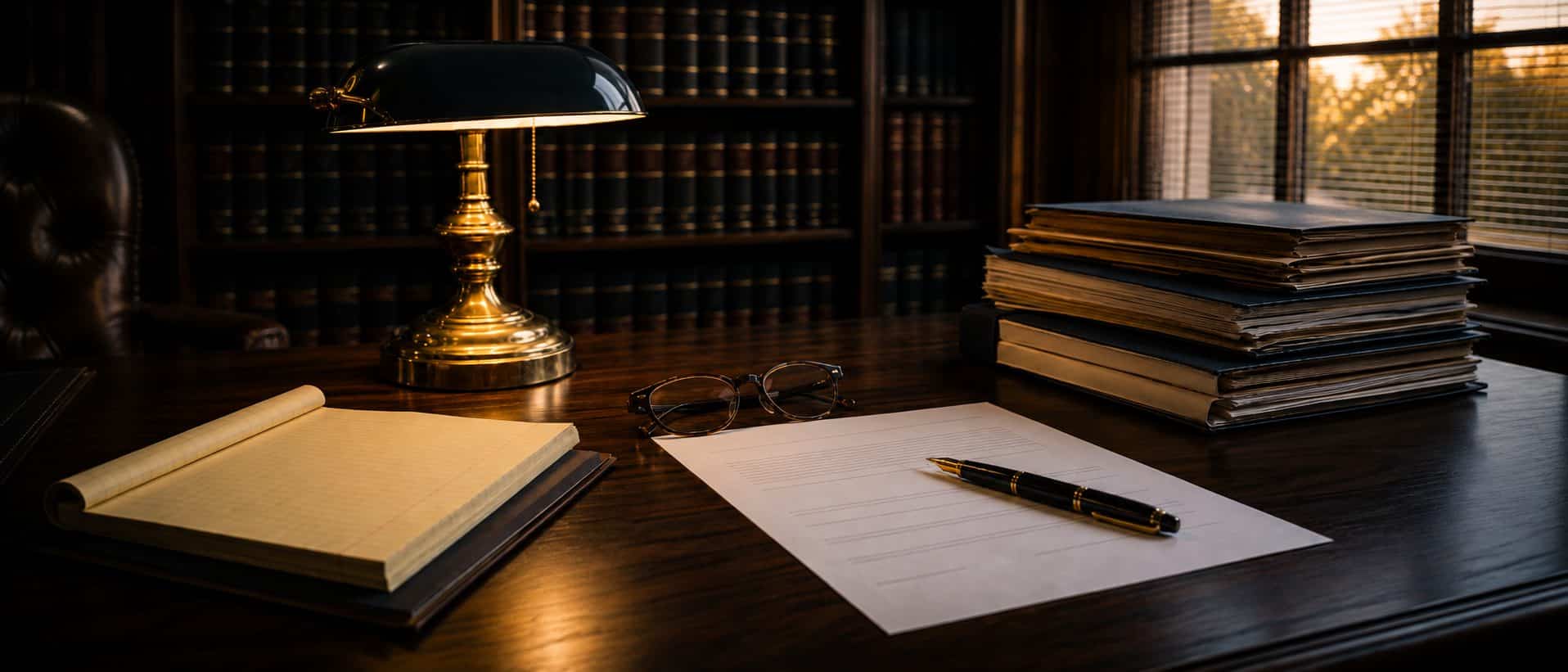 Fee agreement and case files on a criminal defense attorney's desk in an East Texas law office