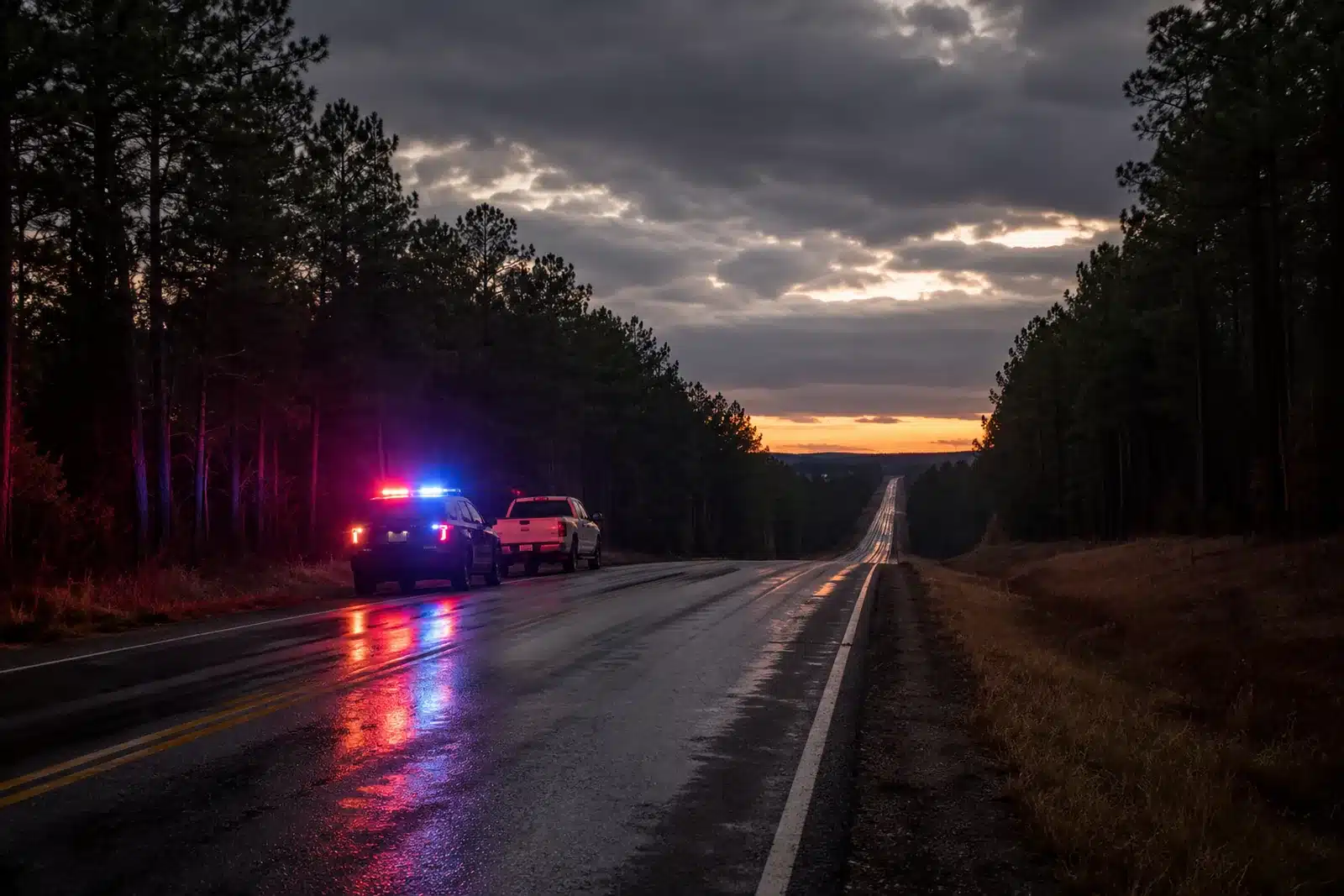 Rural East Texas two-lane highway at dusk with a pickup pulled onto the shoulder and patrol lights behind it