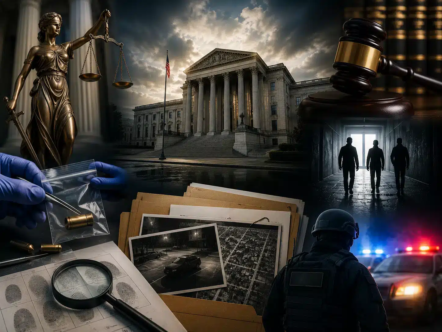 Composite image of a federal courthouse at dusk, the scales of justice, a judge's gavel, evidence sealed in an evidence bag, fingerprint analysis, and law enforcement, representing the apparatus behind a federal criminal investigation.
