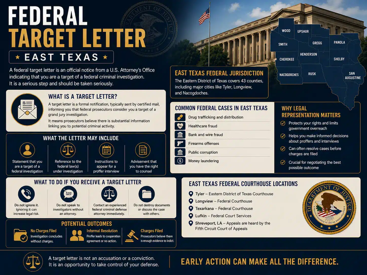 Infographic titled Federal Target Letter East Texas explaining what a target letter is, what it may include, what to do if you receive one, common federal cases in East Texas, courthouse locations, and potential outcomes.