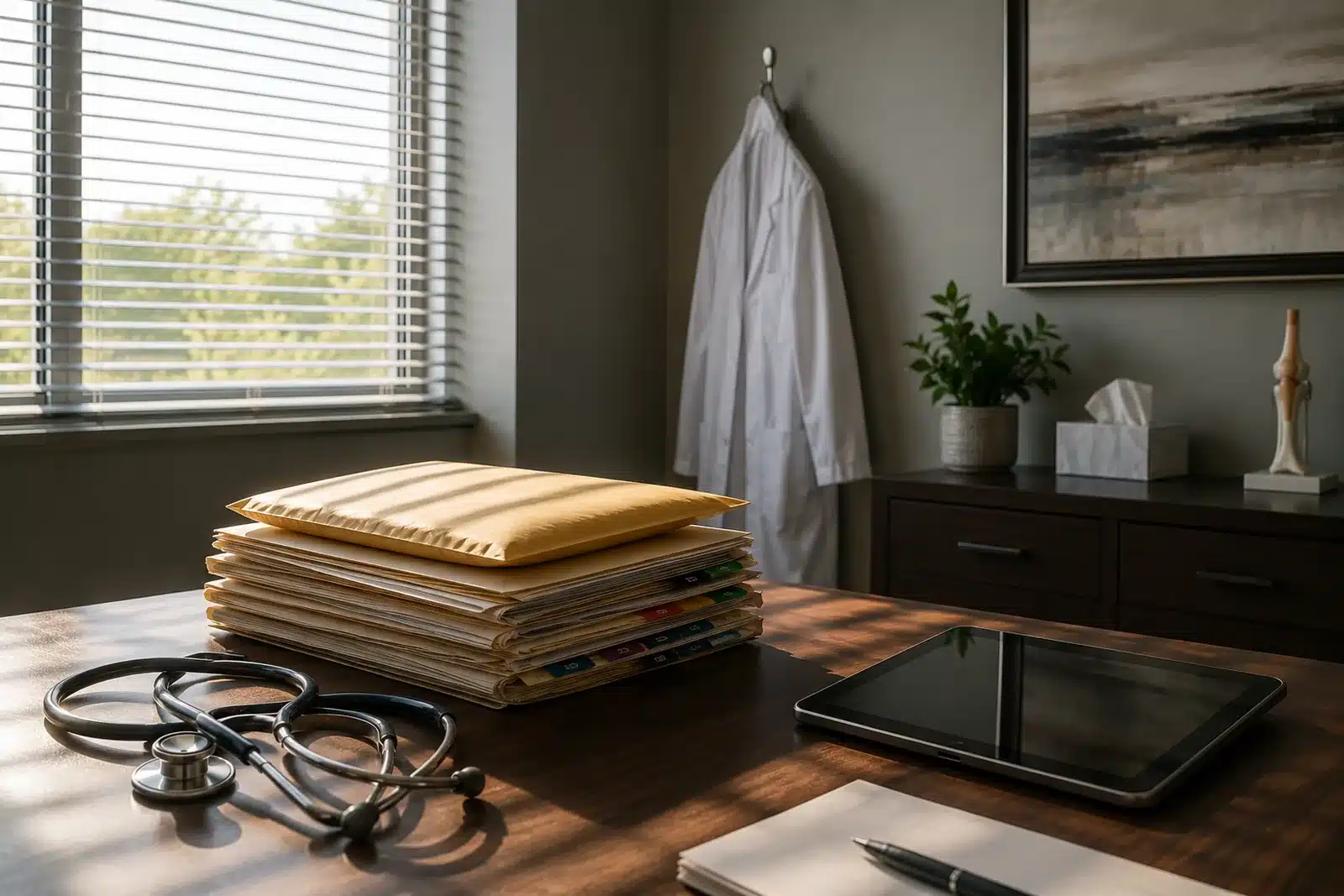 Physician's private office with a white coat, stethoscope and stacks of billing folders