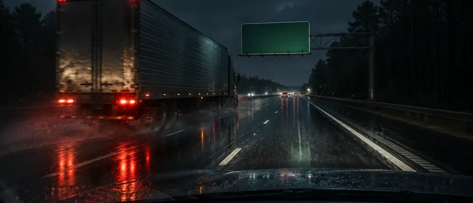 Interstate highway in East Texas at night in the rain with an eighteen-wheeler passing Interstate highway in East Texas at night in the rain with an eighteen-wheeler passing