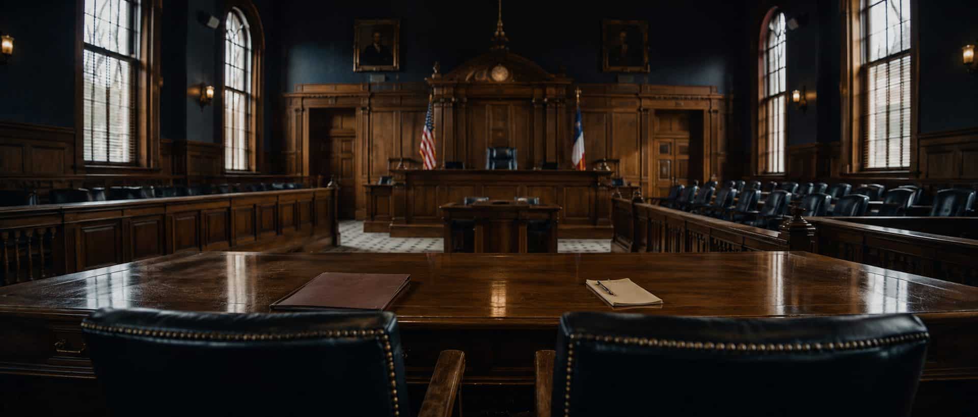 Empty defense counsel table and jury box in a Texas county courthouse courtroom