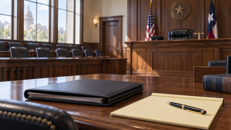 Illustration of counsel table in a Texas courtroom