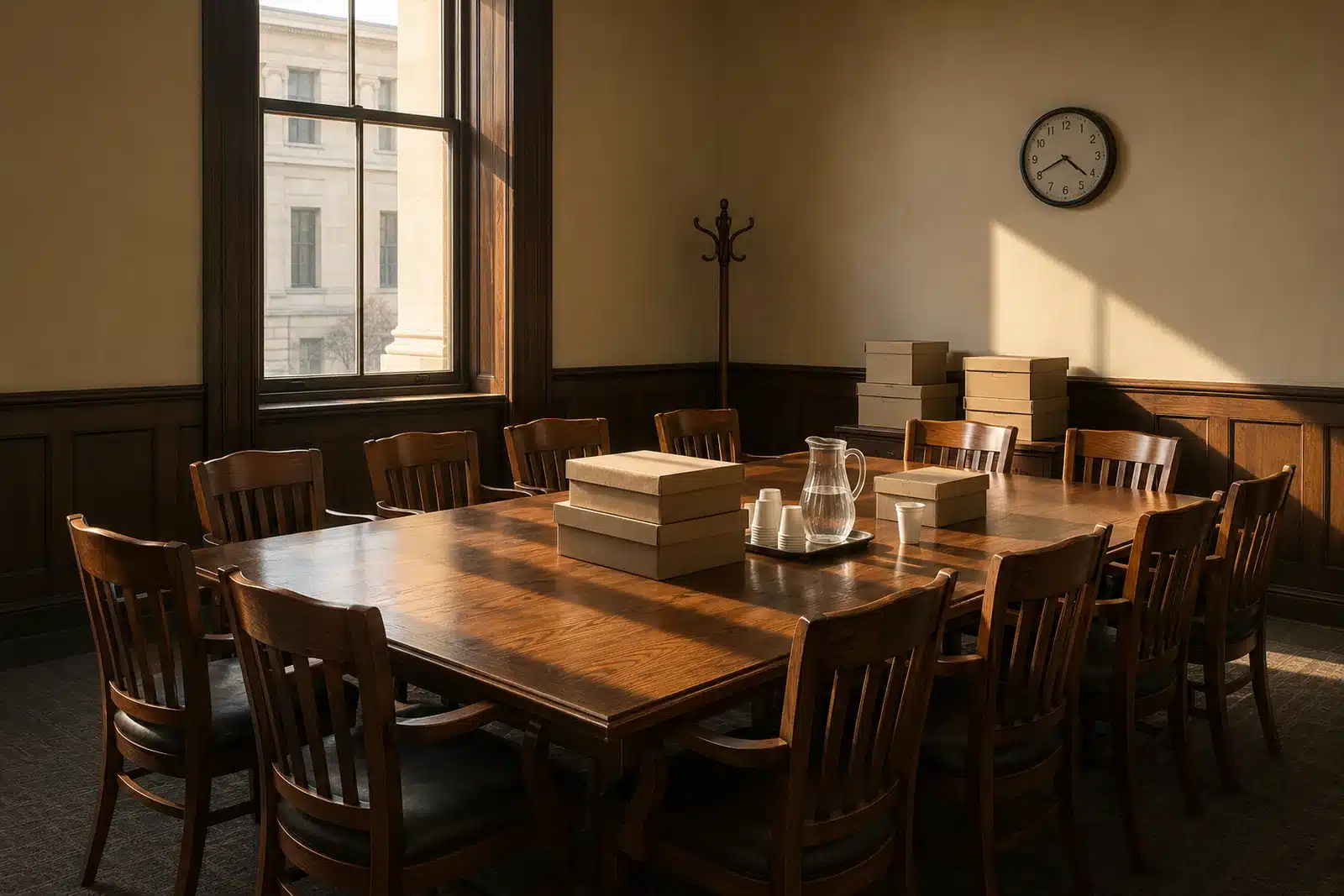 Empty jury deliberation room with twelve chairs around a long oak table and evidence boxes