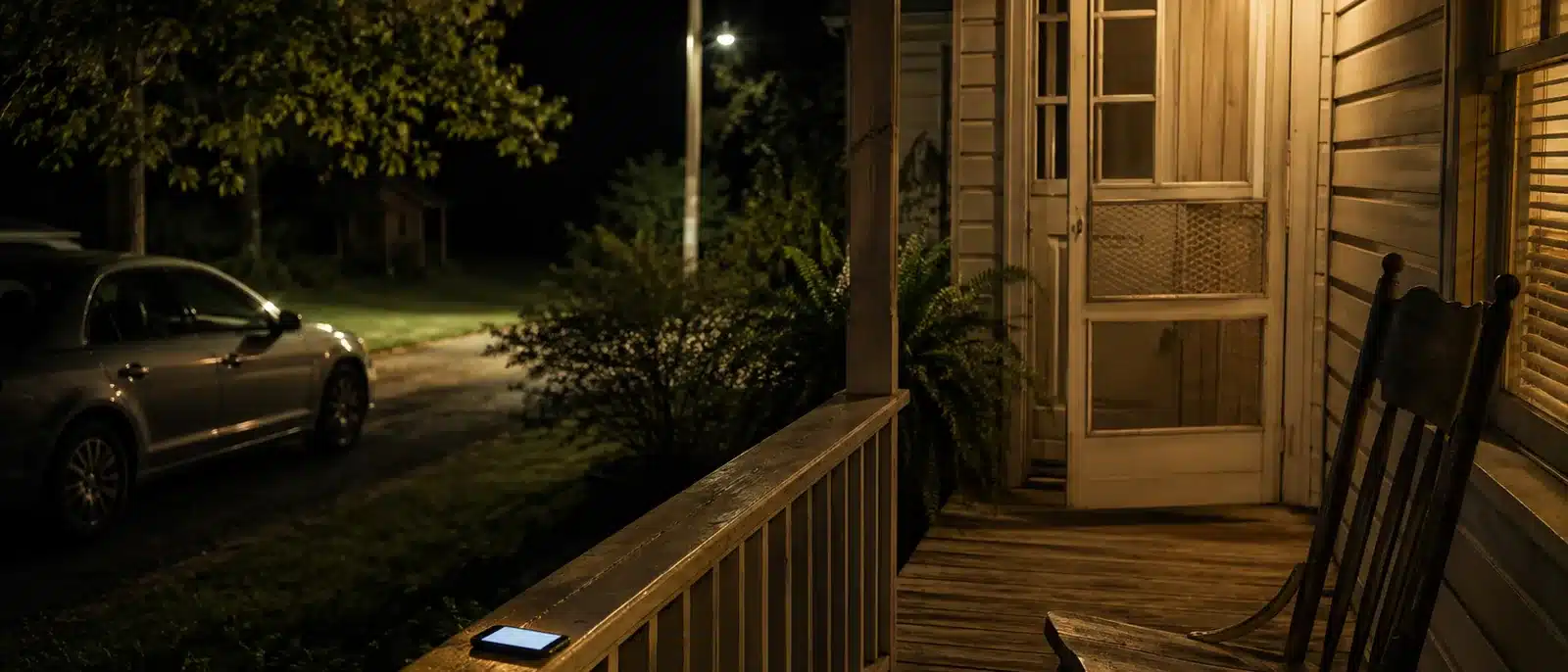 Family home front porch at night with the porch light on and a phone glowing on the rail