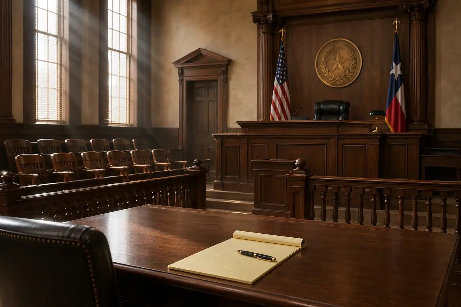 Interior of a Texas county district courtroom with the judge's bench and empty jury box