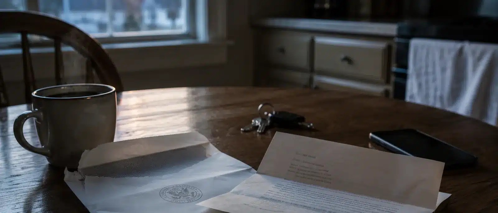 Opened official envelope and letter on a kitchen table at dawn beside coffee and car keys