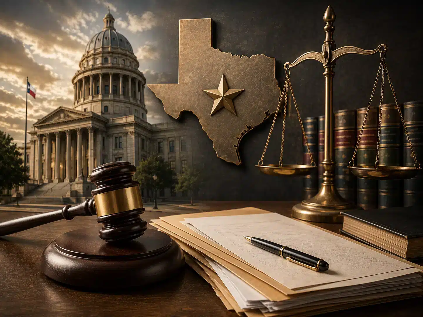 A wooden gavel, a stack of legal documents with a pen, brass scales of justice, and law books in front of a Texas state capitol building, the Texas flag, and a map of Texas with a lone star, representing a Texas felony drug case.