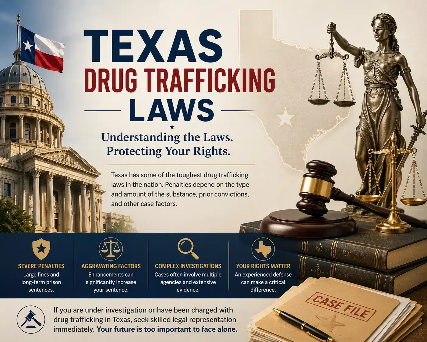 Infographic titled Texas Drug Trafficking Laws: Understanding the Laws, Protecting Your Rights. It notes Texas has some of the toughest drug trafficking laws in the nation, with penalties depending on substance type and amount, prior convictions, and other factors, and highlights severe penalties, aggravating factors, complex investigations, and the importance of an experienced defense.