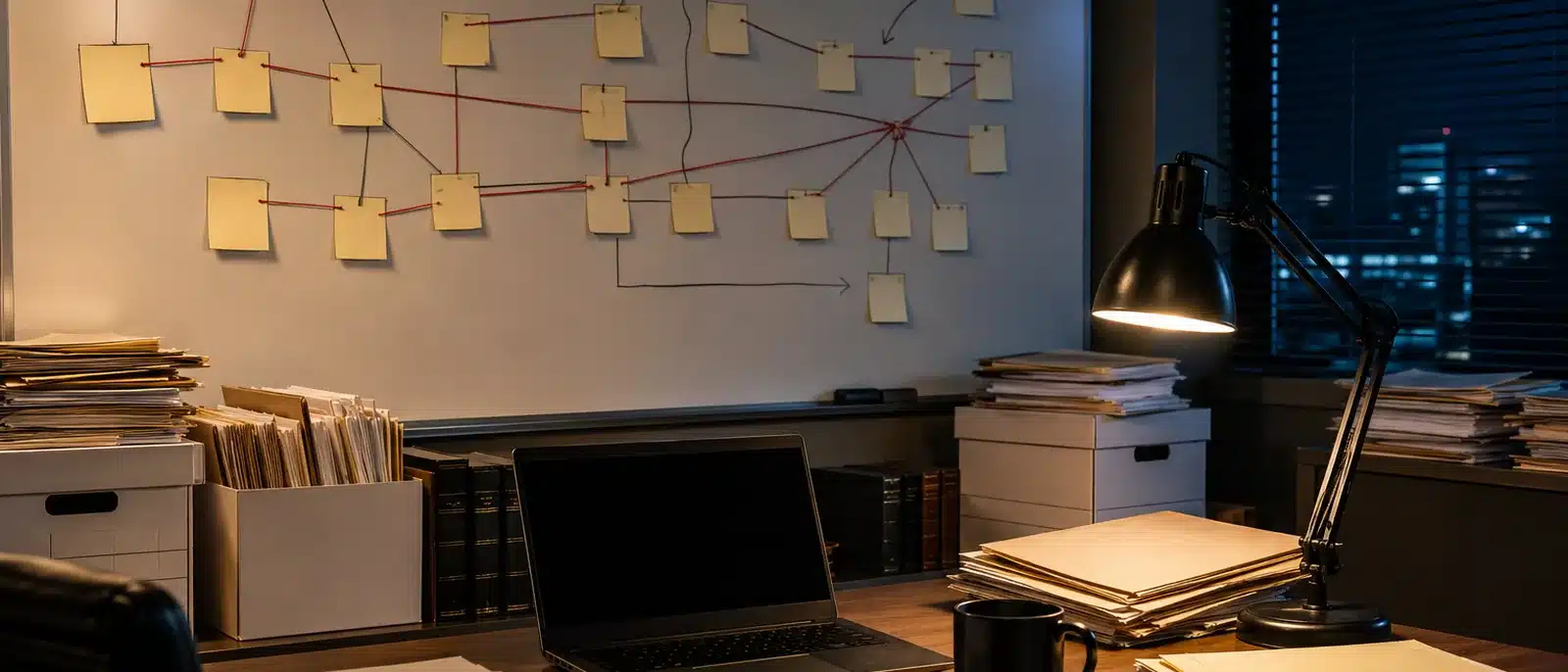Defense attorney's case war room with a whiteboard timeline, discovery boxes and a laptop Defense attorney's case war room with a whiteboard timeline, discovery boxes and a laptop