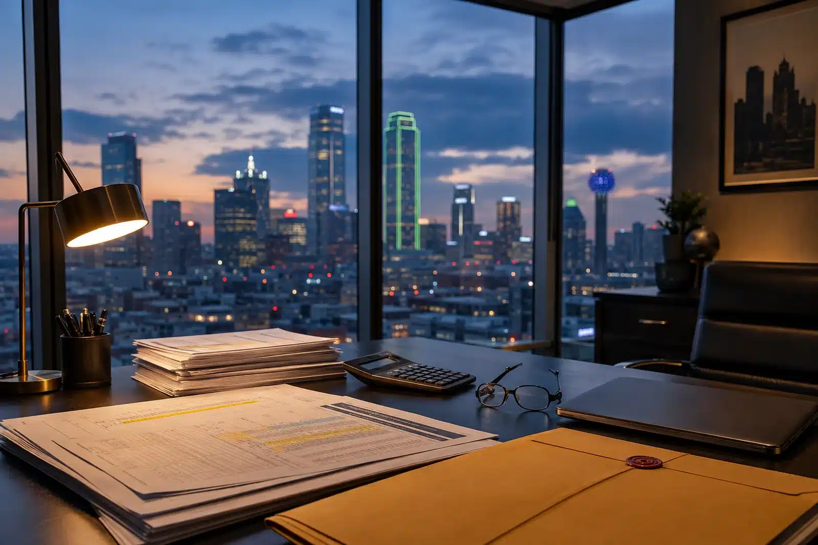Corner office desk at dusk covered in financial documents beside a window overlooking Dallas