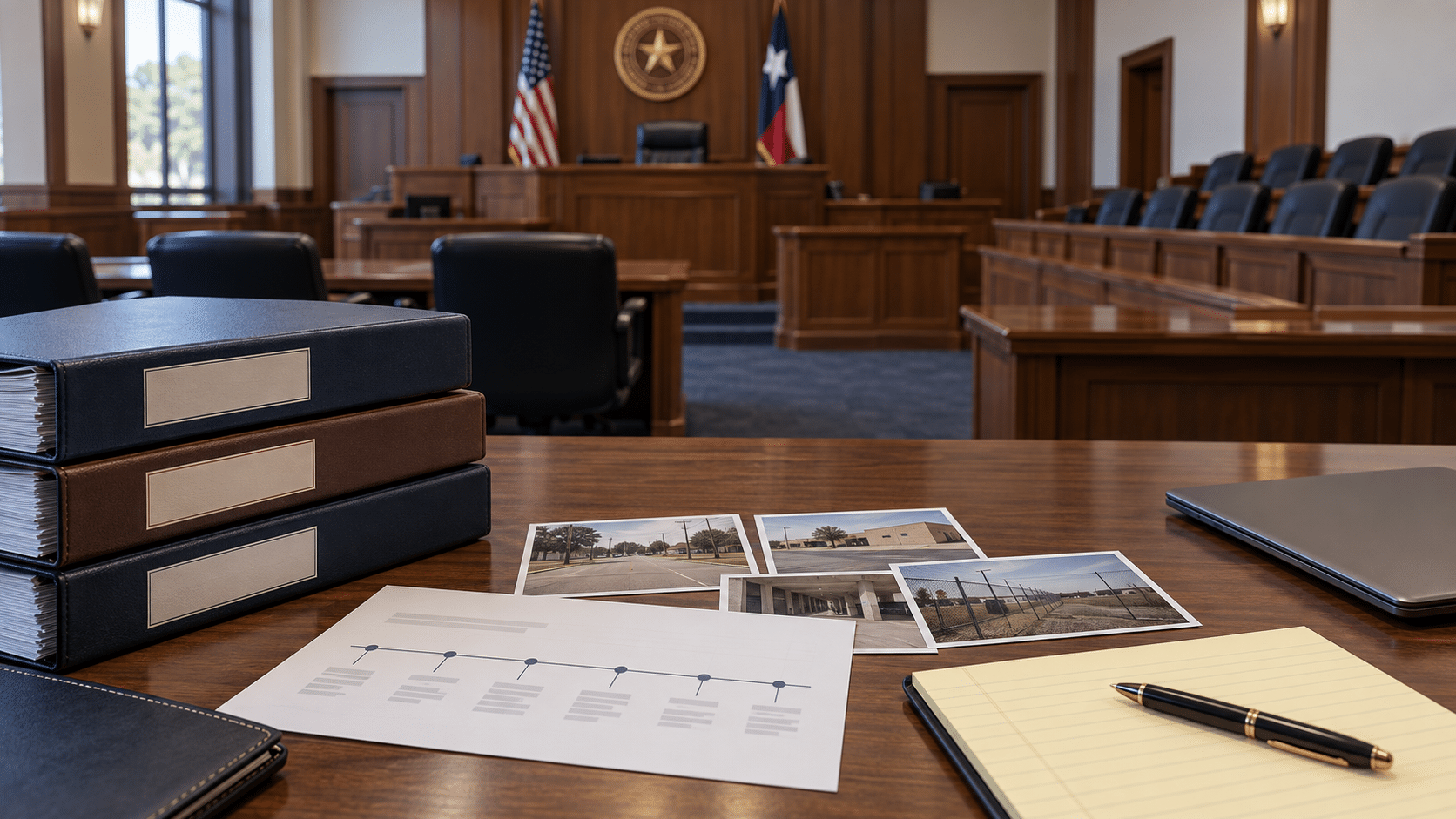 Illustration of a case timeline and exhibits prepared for trial