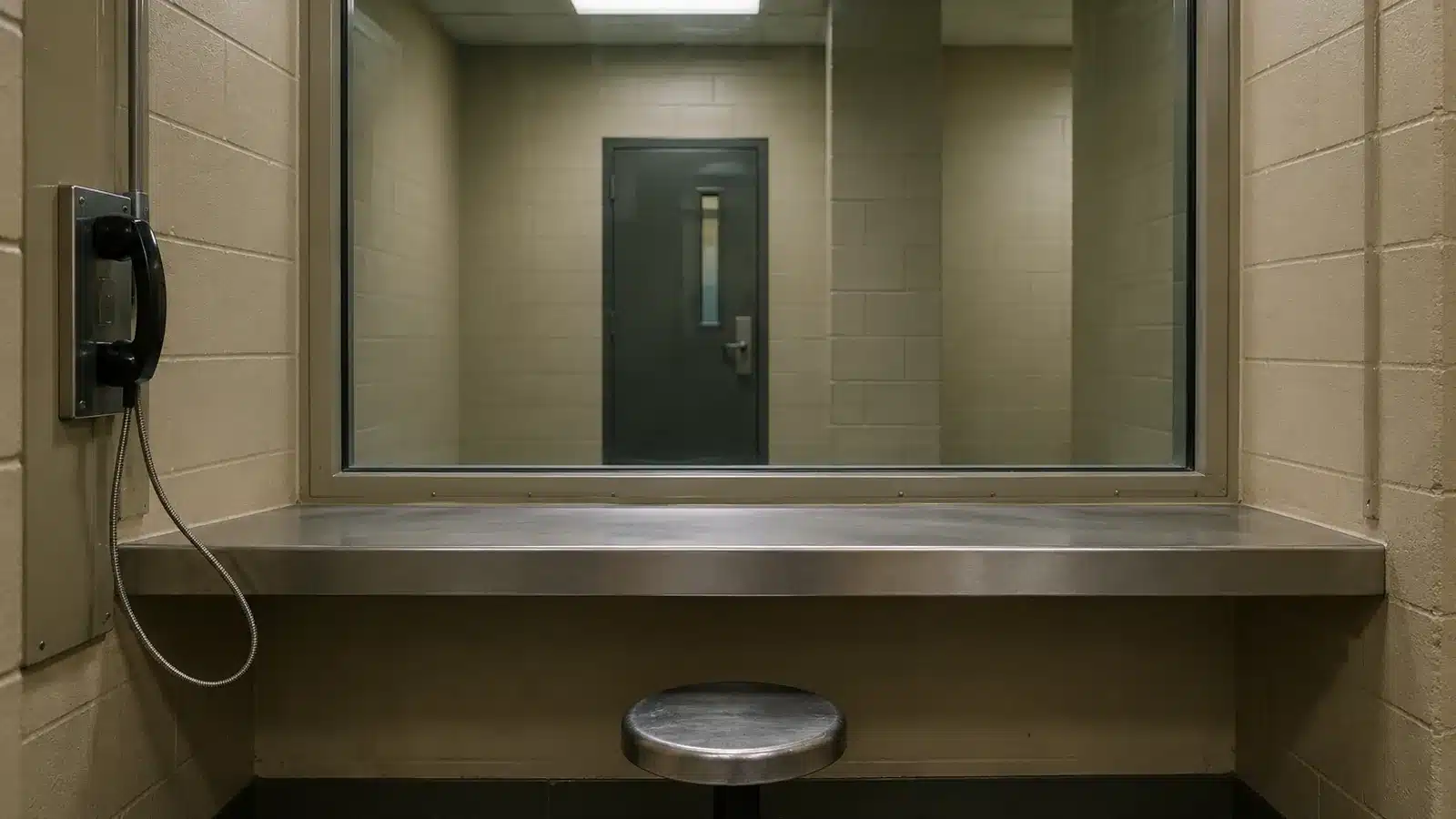An empty county jail visitation booth seen from the visitor's side