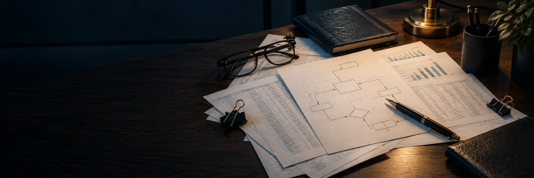 Financial records and an unlabeled transaction diagram on a desk. Financial records and an unlabeled transaction diagram on a desk.