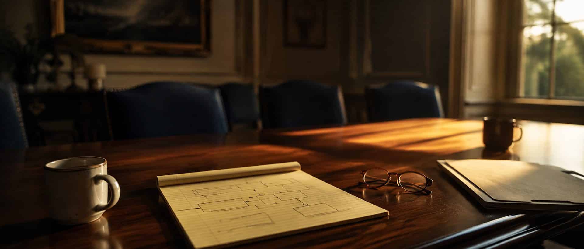 A conference table with two coffee cups and a hand-drawn case timeline after a meeting with a client’s family. A conference table with two coffee cups and a hand-drawn case timeline after a meeting with a client’s family.