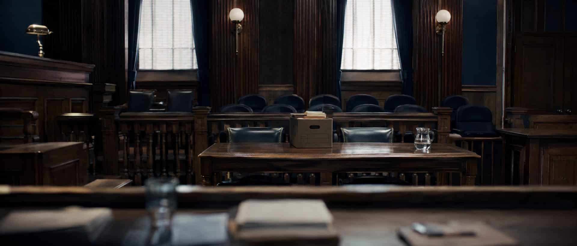The empty prosecution table viewed from the defense side of a Texas courtroom. The empty prosecution table viewed from the defense side of a Texas courtroom.
