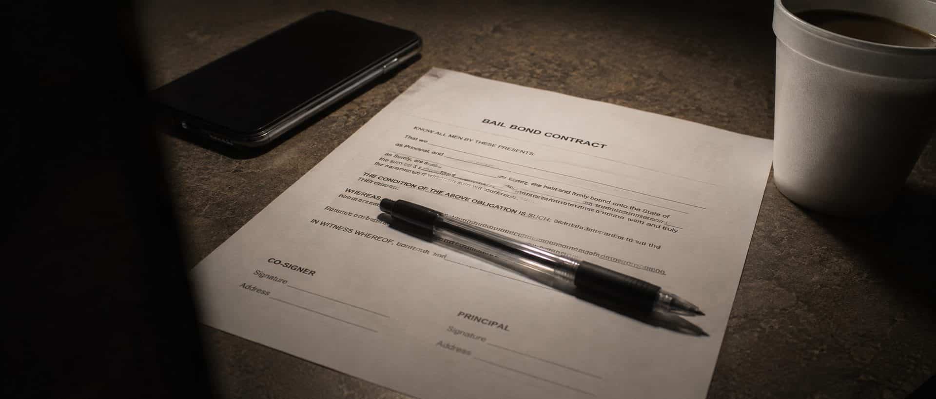 A Texas bail bond contract on a desk with an unsigned co-signer line, showing the commitment a co-signer takes on.