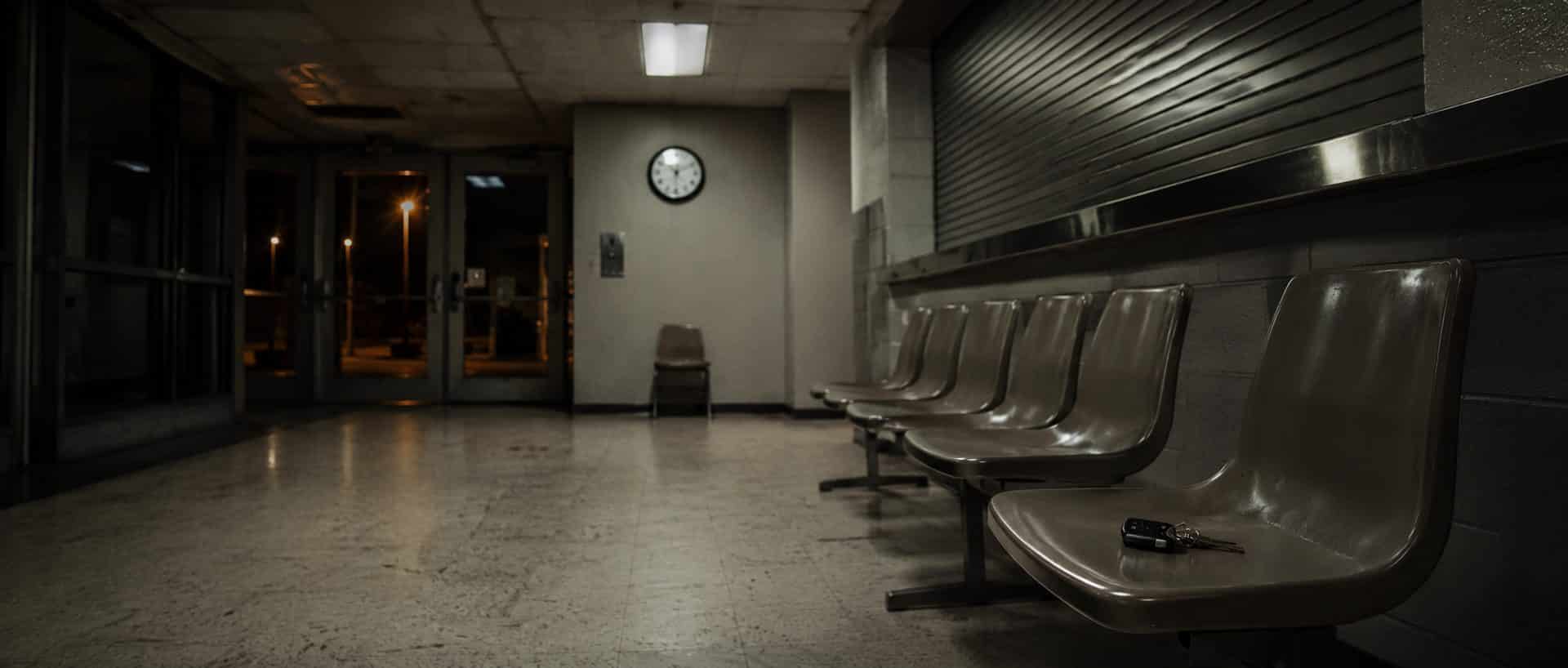 An empty county jail lobby at night in Texas, service window closed and a set of car keys left on a chair.