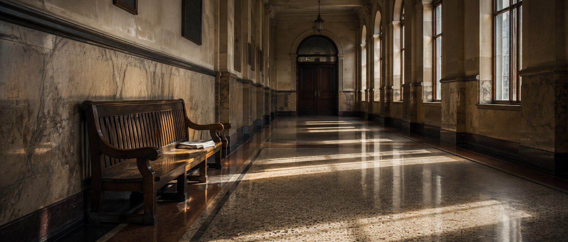 An empty bench in a county courthouse corridor outside a closed courtroom, where families wait for news after an arrest.