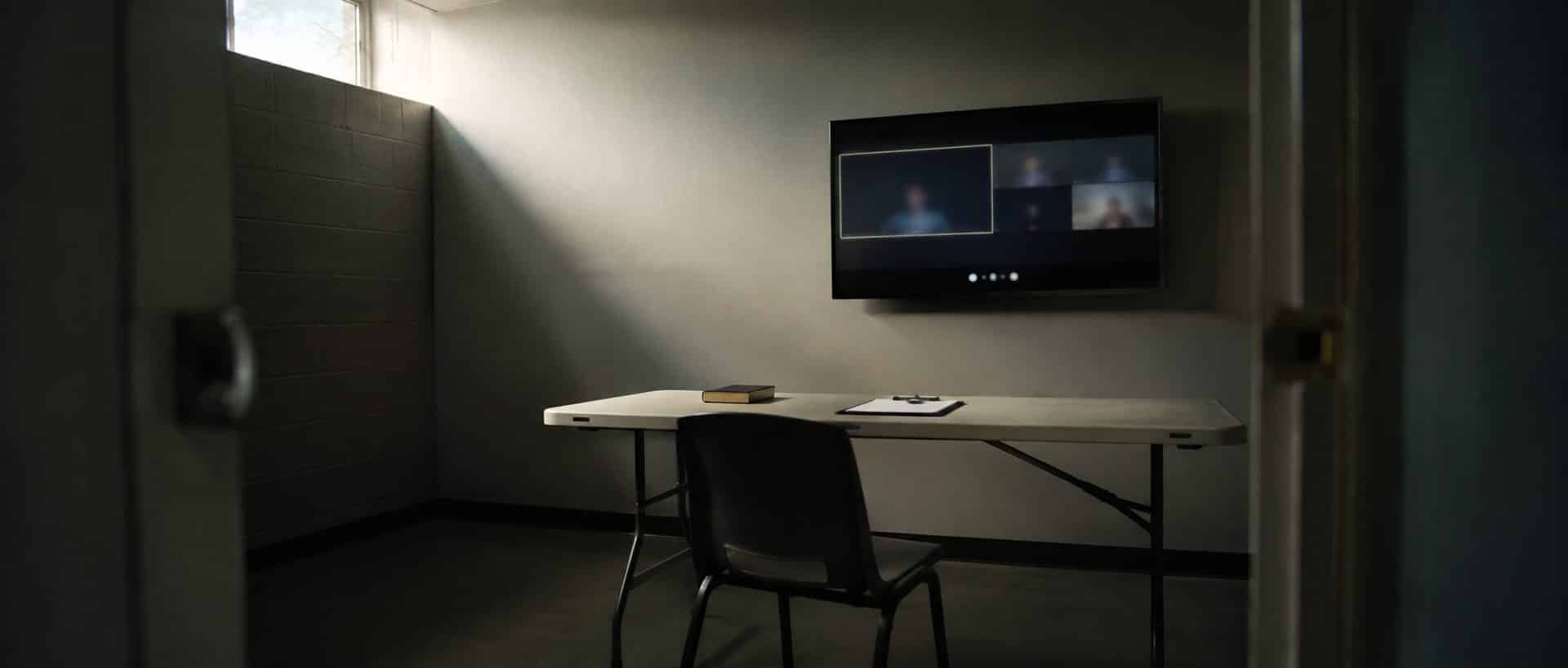 A plain magistration room with a folding table and a wall-mounted video screen, where a Texas magistrate sets bail within 48 hours of arrest.