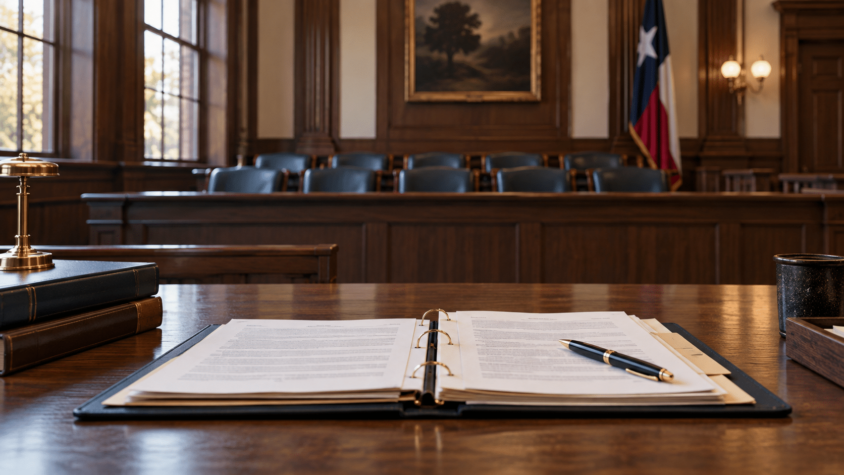 Open case file on a counsel table facing an empty Texas courtroom jury box.